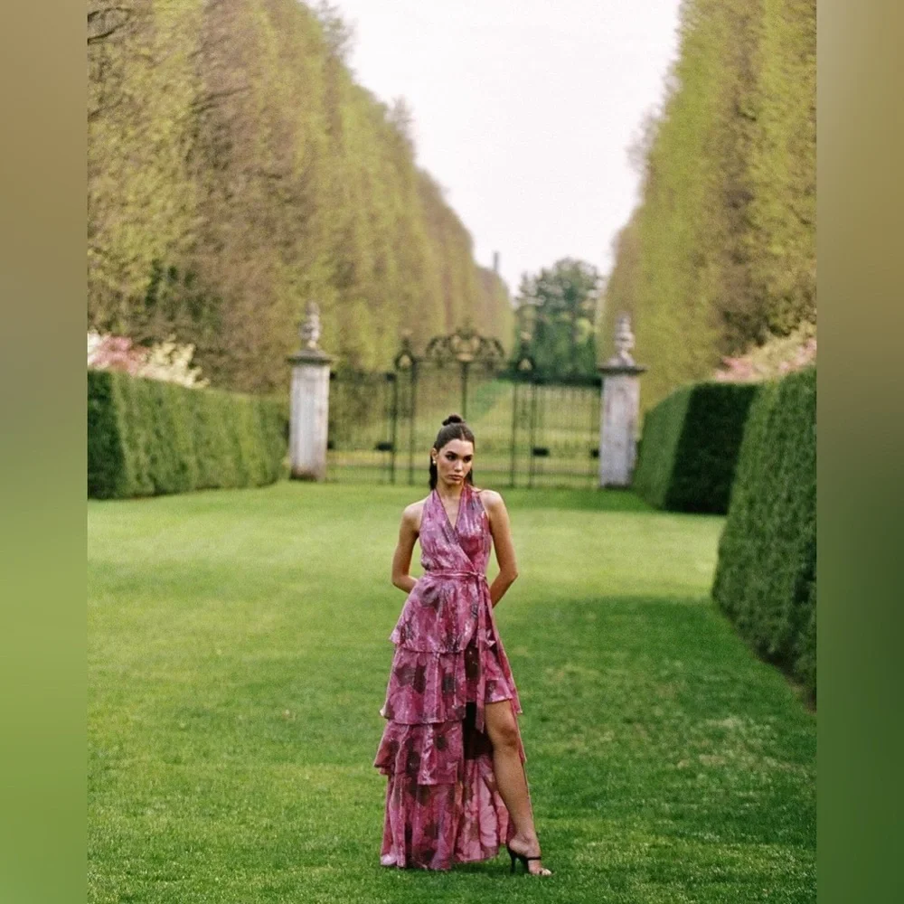 HUTCH Paige Sleeveless Halter Sequin Printed Tiered Wrap Maxi Dress - Picture 4 of 8